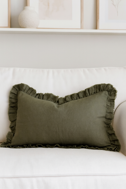 Hallie khaki ruffle cushion cover in sage-khaki linen, 50 × 30 cm—textured lumbar scatter for modern country interiors.