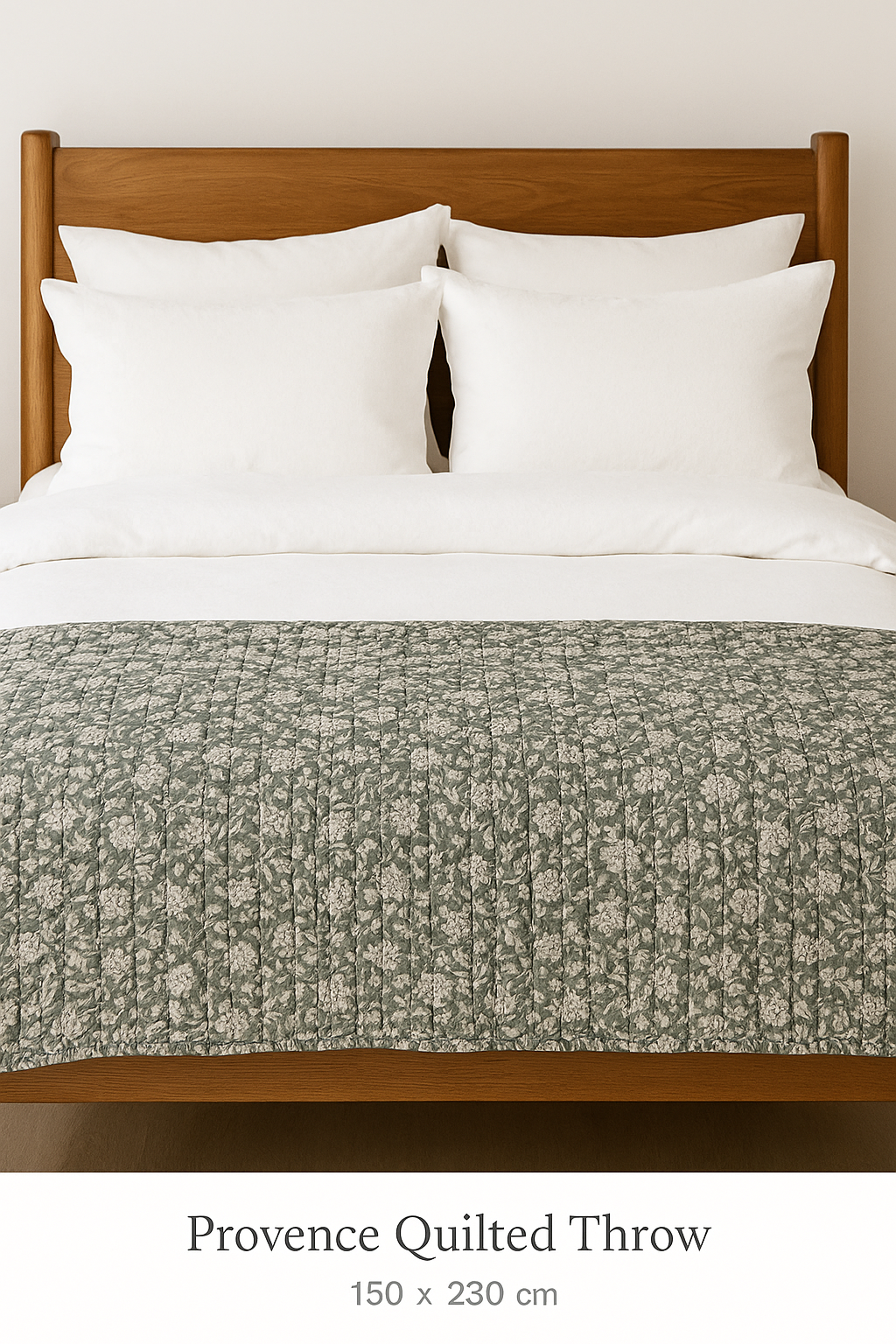 Lightly padded quilted bed throw in sage green, cotton blend fabric with detailed stitching, perfect for modern country home decor.