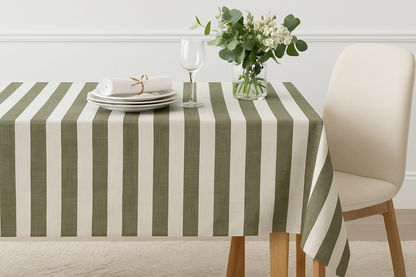 Table with green and white striped tablecloth, plates, glasses, and flowers on a light wooden floor.