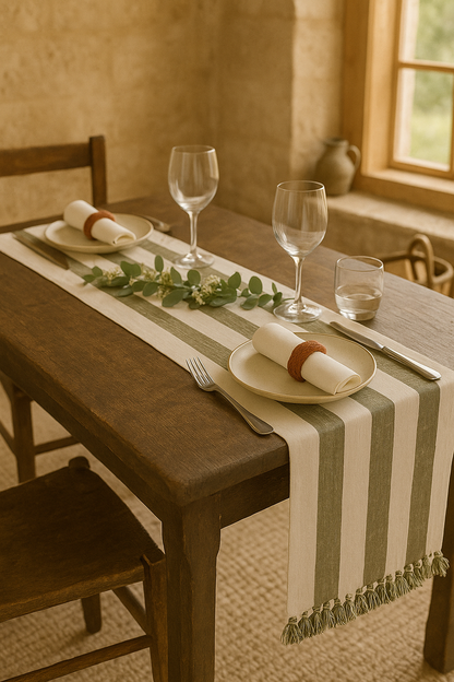 Olive and off-white striped cotton table runner with tassel ends by Walton & Co, 40cm x 180cm, styled for country dining table décor.