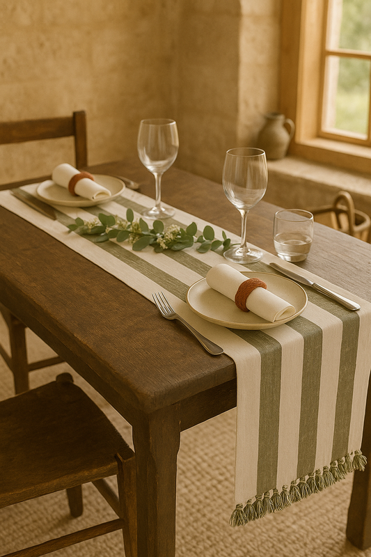 Olive and off-white striped cotton table runner with tassel ends by Walton & Co, 40cm x 180cm, styled for country dining table décor.