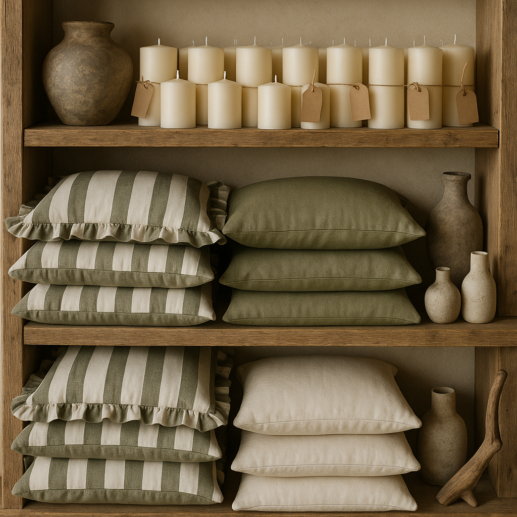 Olive ruffle scatter cushion by Walton & Co, soft feather filled cushion with wide stripes and frilled trim, styled in modern country interior.