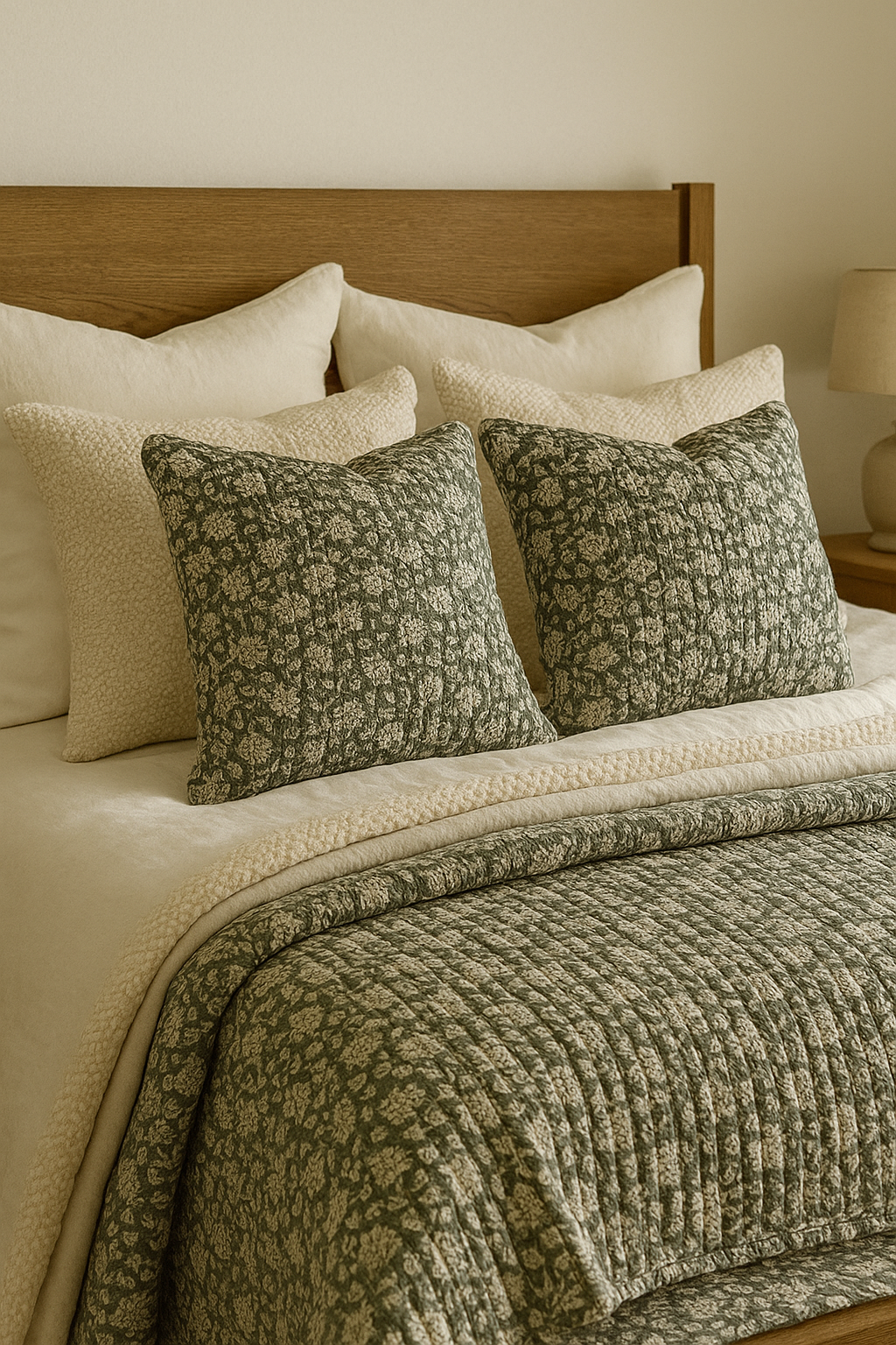 Province Quilted Cushion in sage – 43x43cm feather-filled cotton blend cushion with floral quilted pattern, matching Province bedspread.