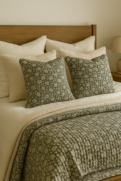 Province Quilted Cushion in sage – 43x43cm feather-filled cotton blend cushion with floral quilted pattern, matching Province bedspread.