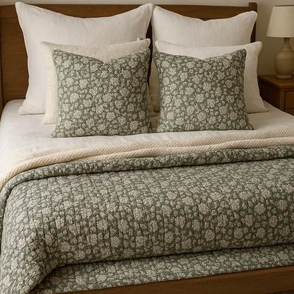 Province Quilted Throw by Walton & Co in sage – soft quilted blanket, 150x230cm, ideal for creating a layered, elegant bedroom look.