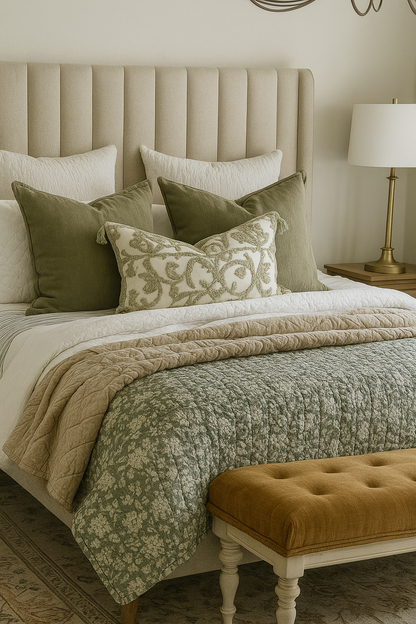 Province Quilted Throw in sage – 150x230cm cotton blend bedspread with floral quilting, soft and textured for cosy country bedrooms.