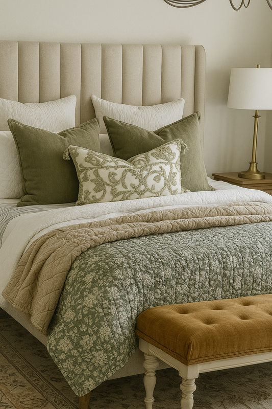 Province Quilted Throw in sage – 150x230cm cotton blend bedspread with floral quilting, soft and textured for cosy country bedrooms.