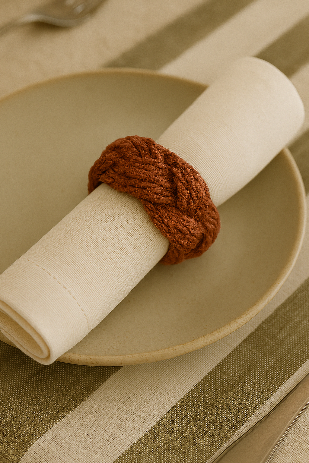 Rust jute napkin ring by Walton & Co in Conquer colour, braided design on wooden table.