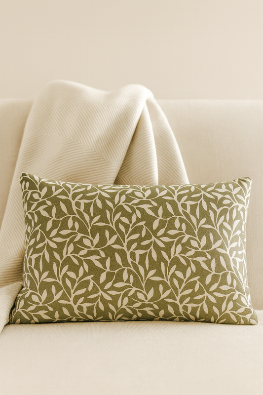 Aria olive leaf cushion cover in sage-olive tones, 50×30 cm; cosy botanical accent for modern country or Scandi rooms.