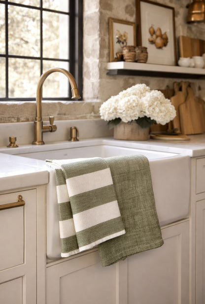 Walton & Co. Olive & Porcelain Stripe Tea Towels (Set of 2)
