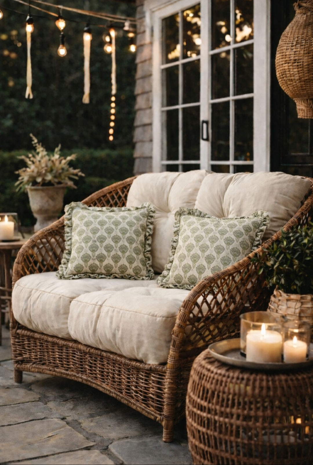 Two stylish outdoor cushions styled on garden furniture, perfect for patio seating, outdoor decor, and enhancing your backyard vibe with comfort and colour.