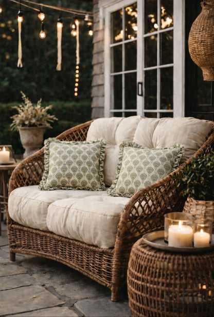 Two stylish outdoor cushions styled on garden furniture, perfect for patio seating, outdoor decor, and enhancing your backyard vibe with comfort and colour.