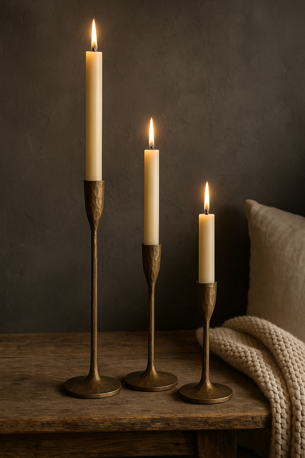 Set of three brass candlesticks in 42 cm, 32 cm and 22 cm sizes, elegant antique-style candleholders for cosy country cottage interiors in the UK & Ireland.