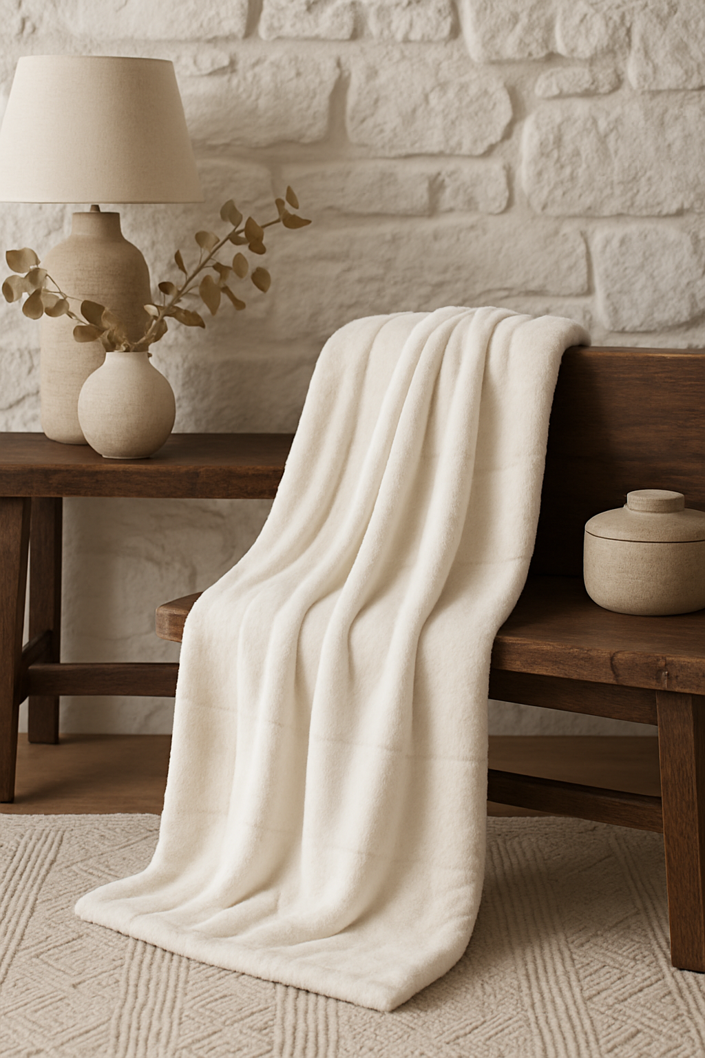 White textured throw blanket draped over a wooden bench against a stone wall.