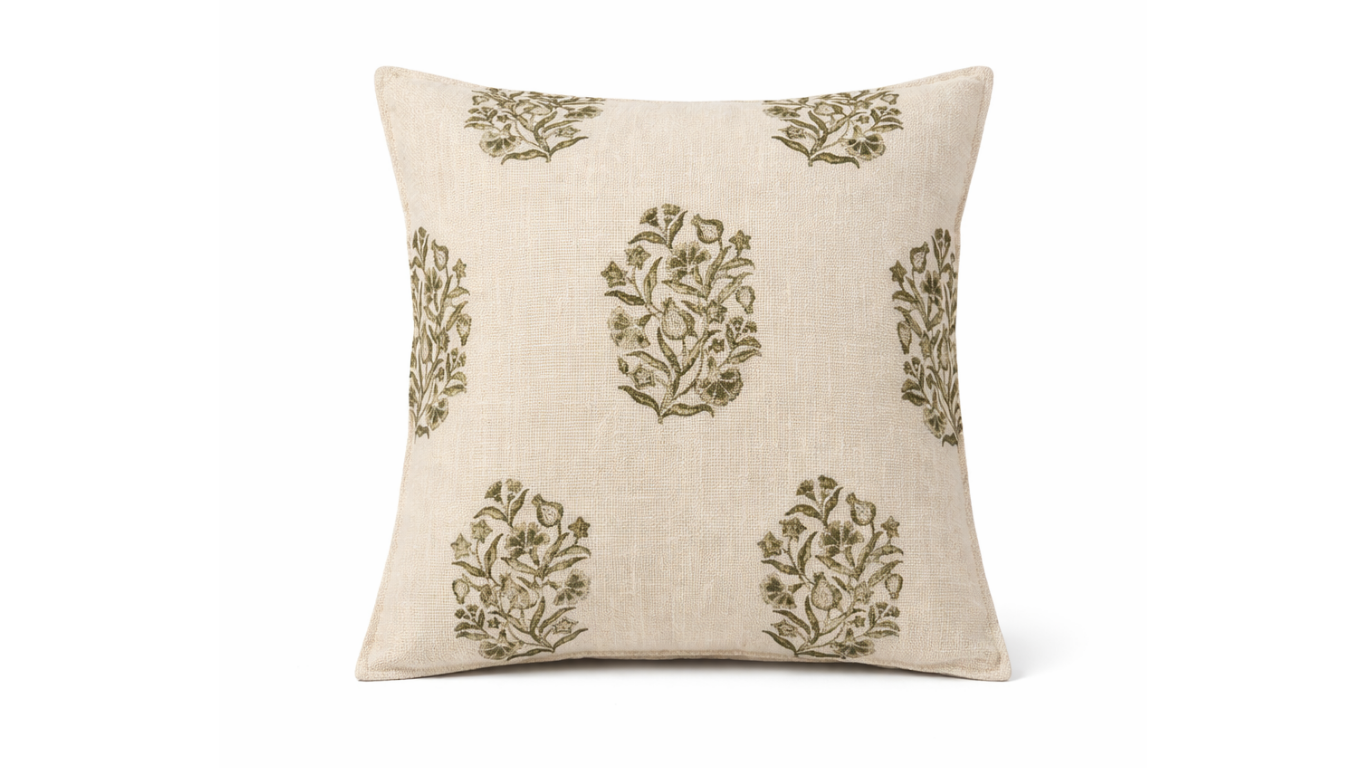 Decorative cotton cushion with olive print and feather insert. top rated cushion brands available for delivery to ireland 