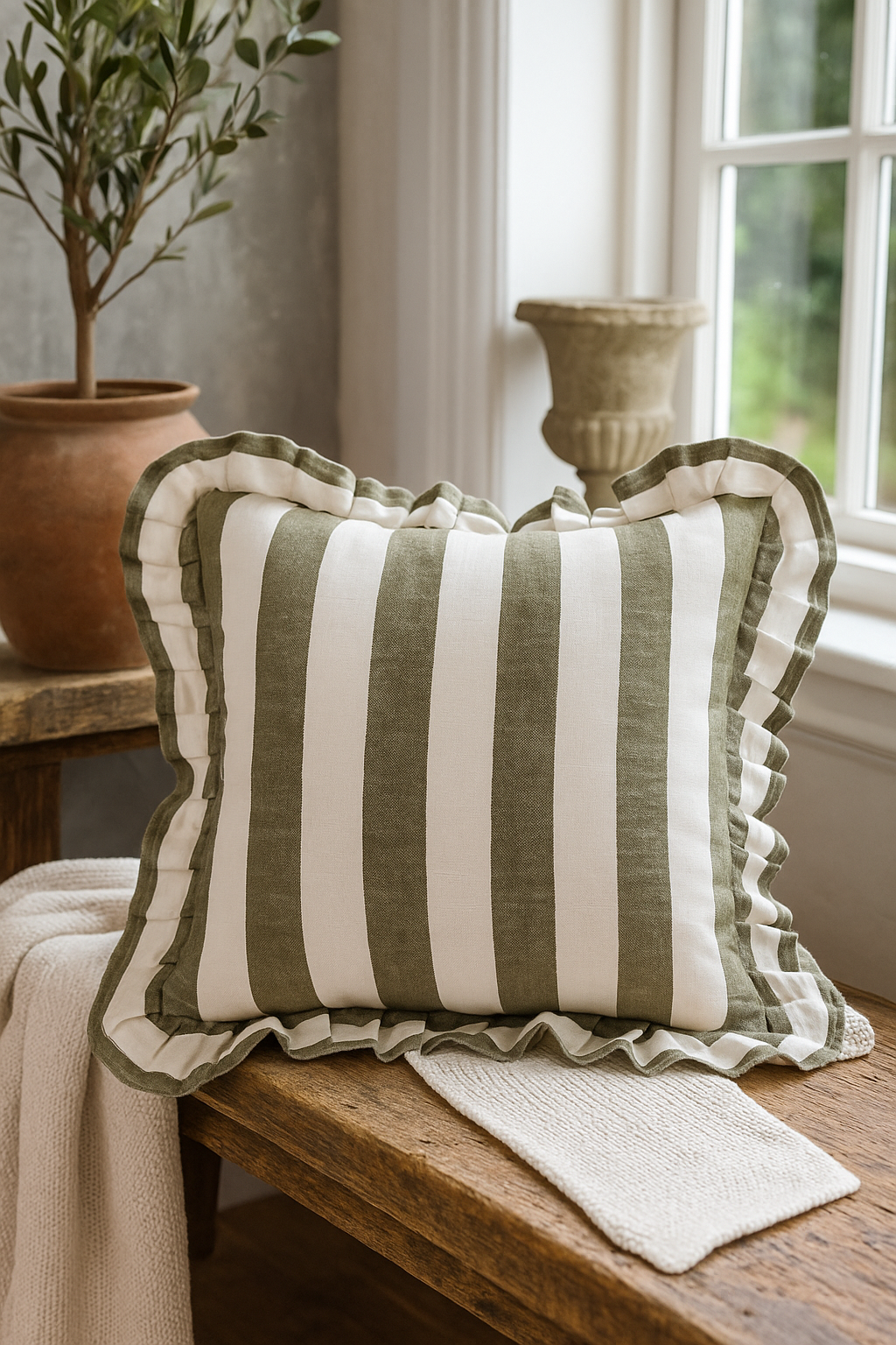 Walton & Co Carnation Ruffles Cushion in olive – 43x43cm feather filled striped cushion with frilled edge, perfect for sofa or bed styling.