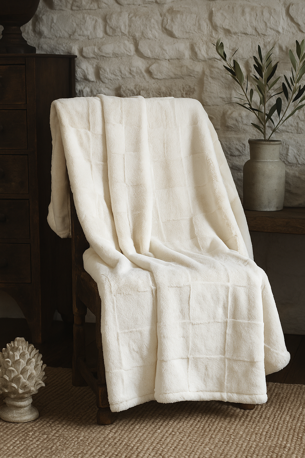 Walton & Co faux fur throw in soft cream – 130x170cm luxury blanket for sofa or bed, 100% polyester, cosy modern country home style.