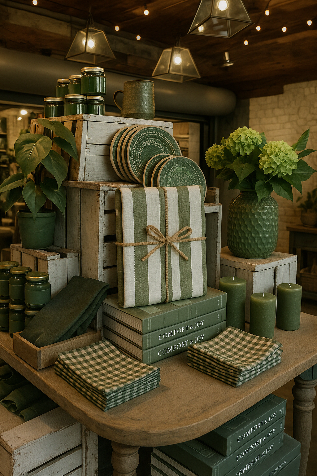 Walton & Co olive stripe cotton tablecloth paired with cream napkins and simple table styling