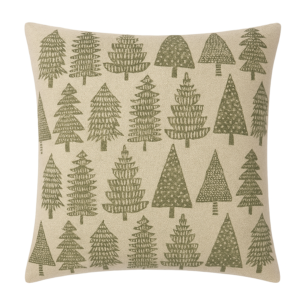 Woodland Christmas cushion in soft cotton with forest tree design — perfect for cosy festive home decor.