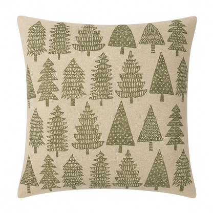 Woodland Christmas cushion in soft cotton with forest tree design — perfect for cosy festive home decor.