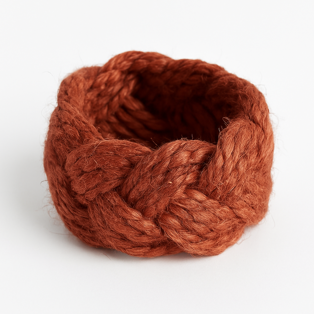 Woven napkin ring in earthy rust colour styled for modern country interiors.