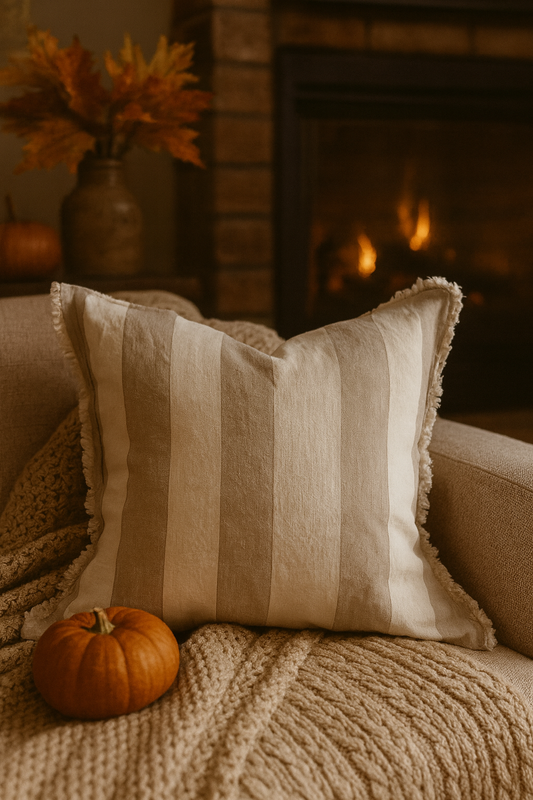 Beige and cream striped cushion with fringed edges on white sofa, farmhouse linen pillow for modern country cottage interiors.