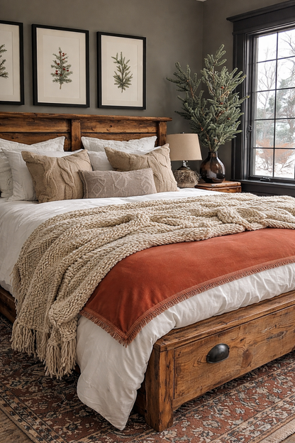 Cozy bedroom with wooden bed, knitted blanket, and framed artwork.
