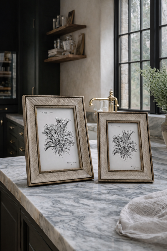 Two framed botanical prints on a marble countertop with a kitchen background. Photo frames modern country style
