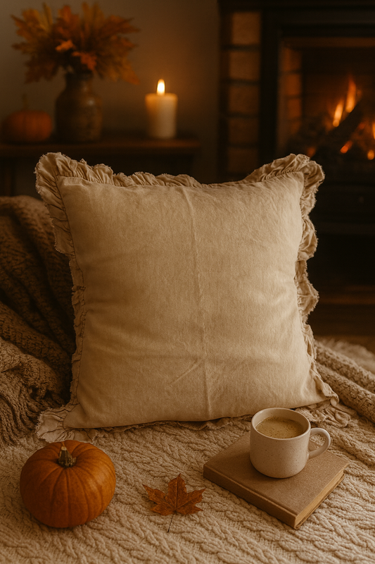 Cream ruffle cushion cover styled in a cosy autumn setting, farmhouse linen pillow for rustic country cottage interiors.