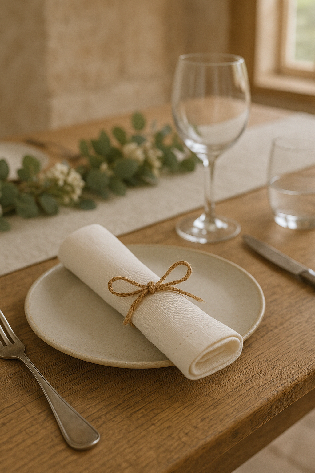 Dining table setting with a rolled napkin, wine glass, and cutlery on a wooden surface.