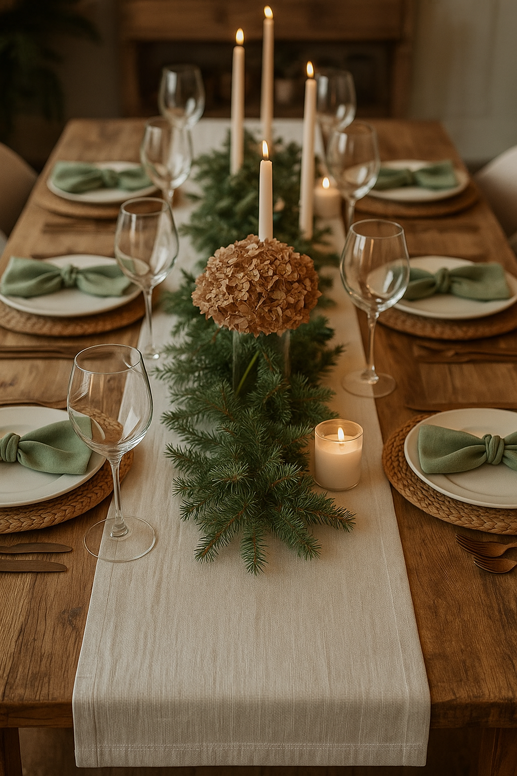 Elegant table setting with candles, greenery, and decorative elements on a wooden table.