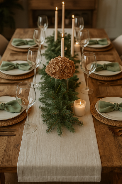 Elegant table setting with candles, greenery, and decorative elements on a wooden table.