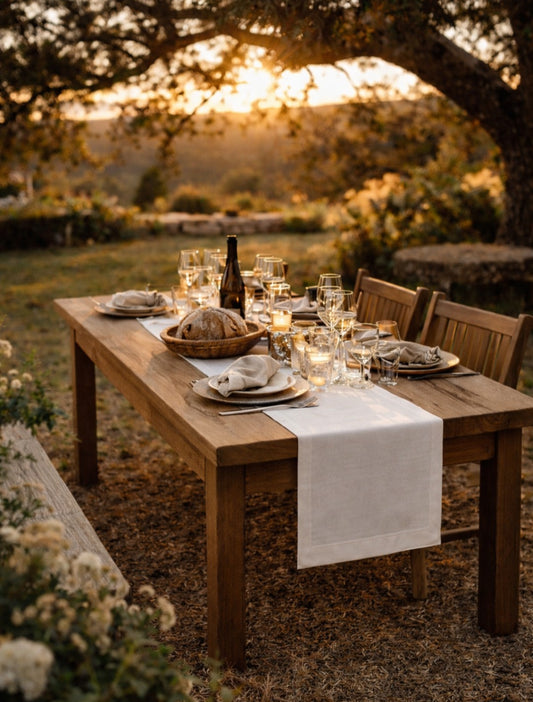Summer Garden Party table styled outdoors with a porcelain table runner, candles, wine glasses and rustic wooden table at sunset