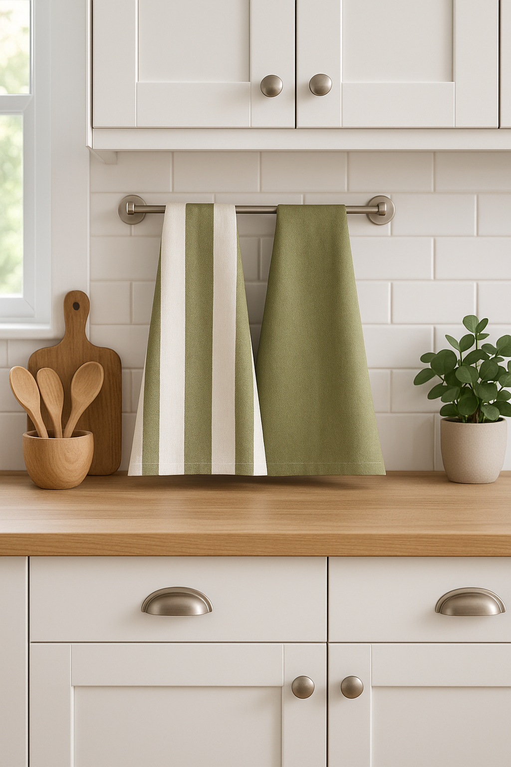 Kitchen scene with green and white striped tea towel hanging on a rack, wooden cutting board, and potted plant.