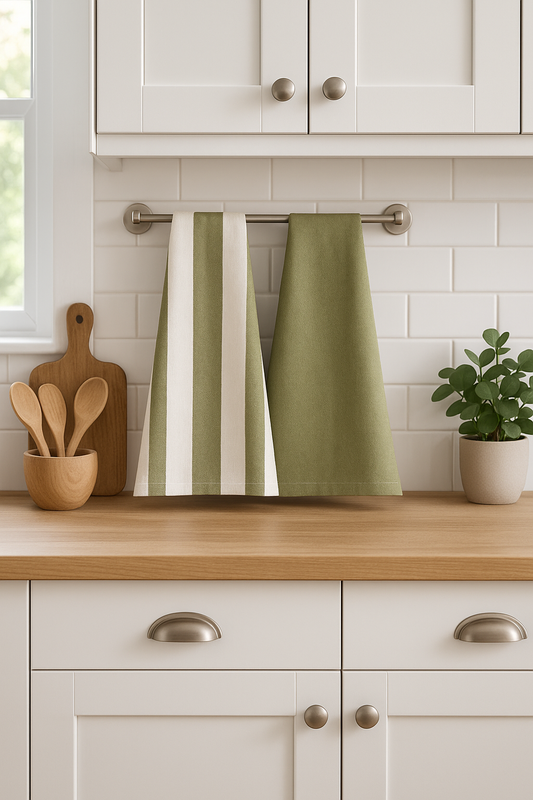 Kitchen scene with green and white striped tea towel hanging on a rack, wooden cutting board, and potted plant.