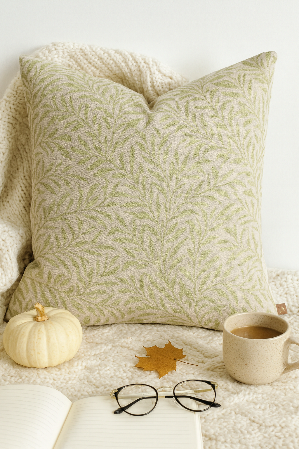 45x45cm square cushion cover in beige with olive green botanical leaf pattern, styled on a white background with cable knit throw, coffee mug, journal, glasses, and autumn accents.