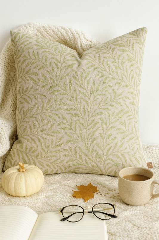45x45cm square cushion cover in beige with olive green botanical leaf pattern, styled on a white background with cable knit throw, coffee mug, journal, glasses, and autumn accents.