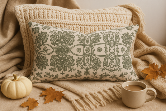30x50cm rectangular bolster cushion cover in beige with green damask floral pattern, styled in a cozy autumn setting with chunky knit throws, pumpkin, coffee, and fall leaves.