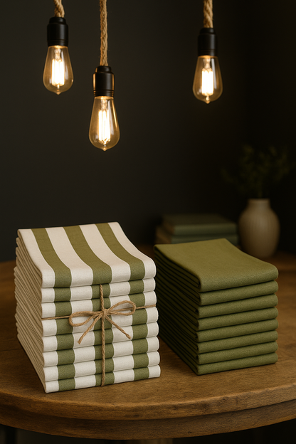 Stacks of green and white striped tea towels on a wooden table with hanging light bulbs.