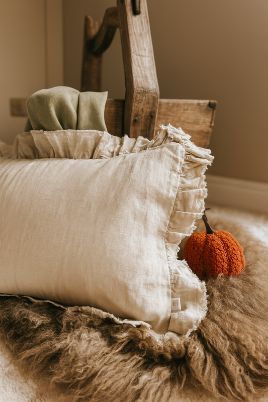 Neutral linen bolster cushion with ruffled edges, perfect for cozy, minimalist, and neutral home décor styling.