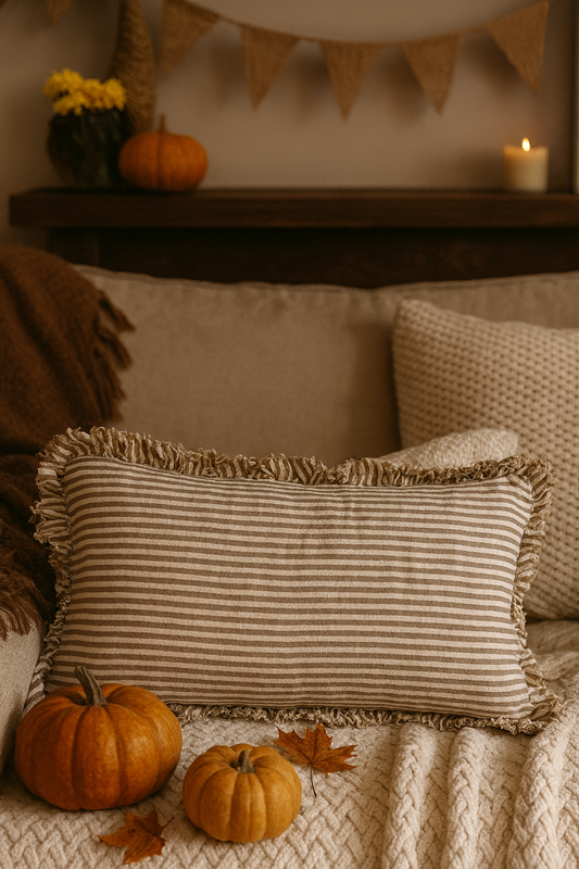 olive striped cushion with frilled edges styled in autumn décor, rustic farmhouse pillow for cosy country cottage interiors.