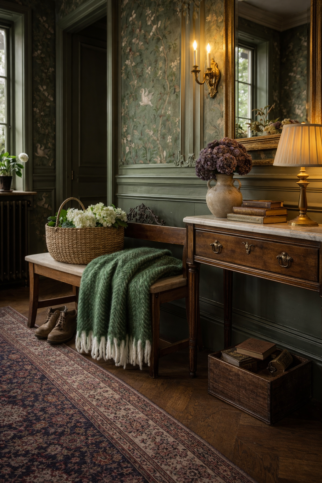 Nestled corner of a room with a wooden desk, chair, and decorative elements. olive throw blanket