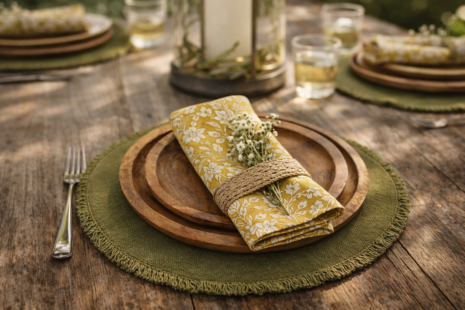 ound olive jute placemat 35cm styled on wooden table with lemon napkin and white plate, natural tableware for farmhouse and country dining tables
