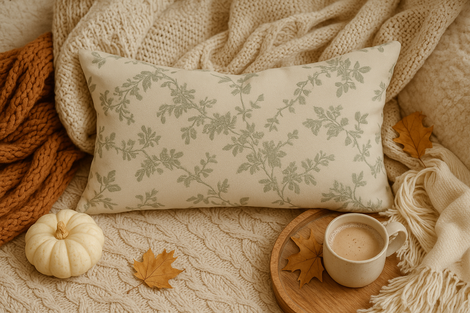 30x50cm rectangular cushion cover in beige with light sage green floral pattern, styled in a cozy autumn setting with knitted throws, pumpkin, and coffee.