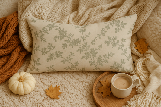 30x50cm rectangular cushion cover in beige with light sage green floral pattern, styled in a cozy autumn setting with knitted throws, pumpkin, and coffee.