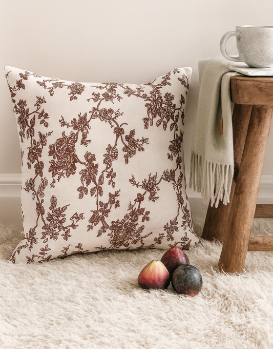 Plum Floral cushion cover on neutral rug with figs and throw – cosy home decor, country interiors, autumn styling inspiration