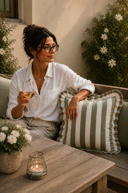 A woman in a white blouse sits on an outdoor patio sofa next to a striped green and cream throw pillow, holding a glass of white wine. A wooden table with a lit candle and flowers is in the foreground, with a stucco wall and flowering bushes behind her.