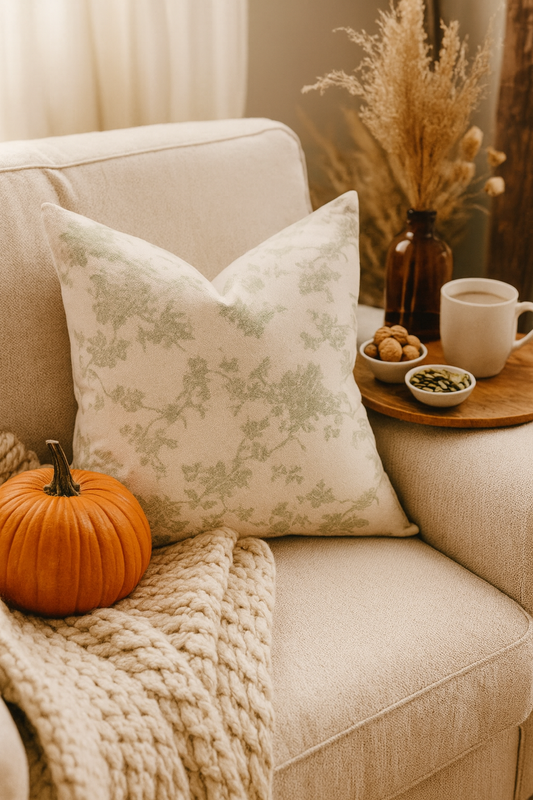 45x45cm cushion cover in neutral beige with light sage green floral pattern, styled in a cozy autumn country cottage setting with pumpkin and throw.
