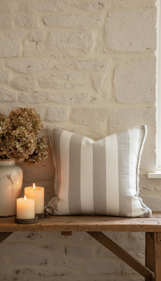 Striped pillow on a wooden bench with candles and dried flowers against a stone wall. Country home decor