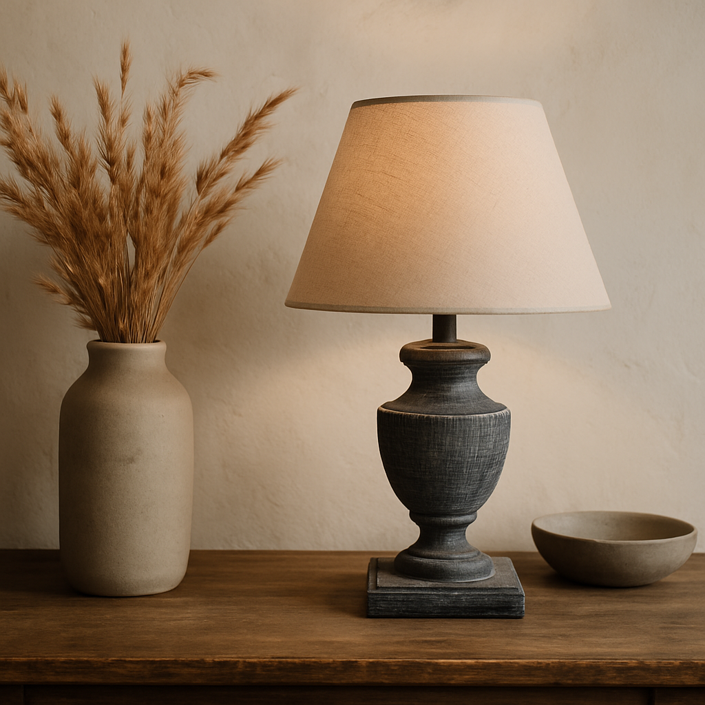 Table lamp with beige shade and dark base on a wooden surface, next to a vase with dried plants and a bowl.